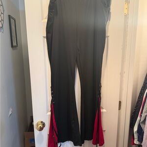 Rosegal Black Flared Pants with Red Side Panels and Lace-Up Detail